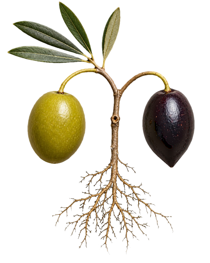 A green Spanish table olive and a dark Peruvian botija olive hanging from one stem, with leaves above and roots below.